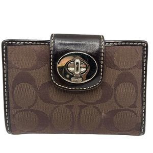 Classic Coach Signature Canvas Bifold Turn lock Wallet  with leather Trim Brown
